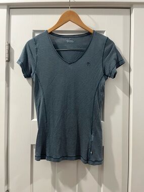FjallRaven Anjali Cool T-Shirt Striped V-Neck Women's Top Indigo Blue Small